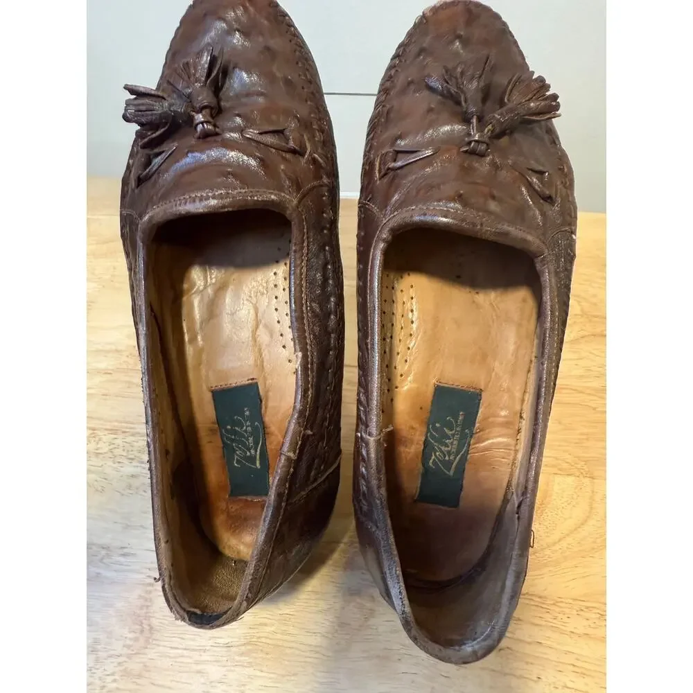 Zelli Made in Italy Ostrich Leather Slip On Loafer Shoes w Tassels Size 8.5 M JL